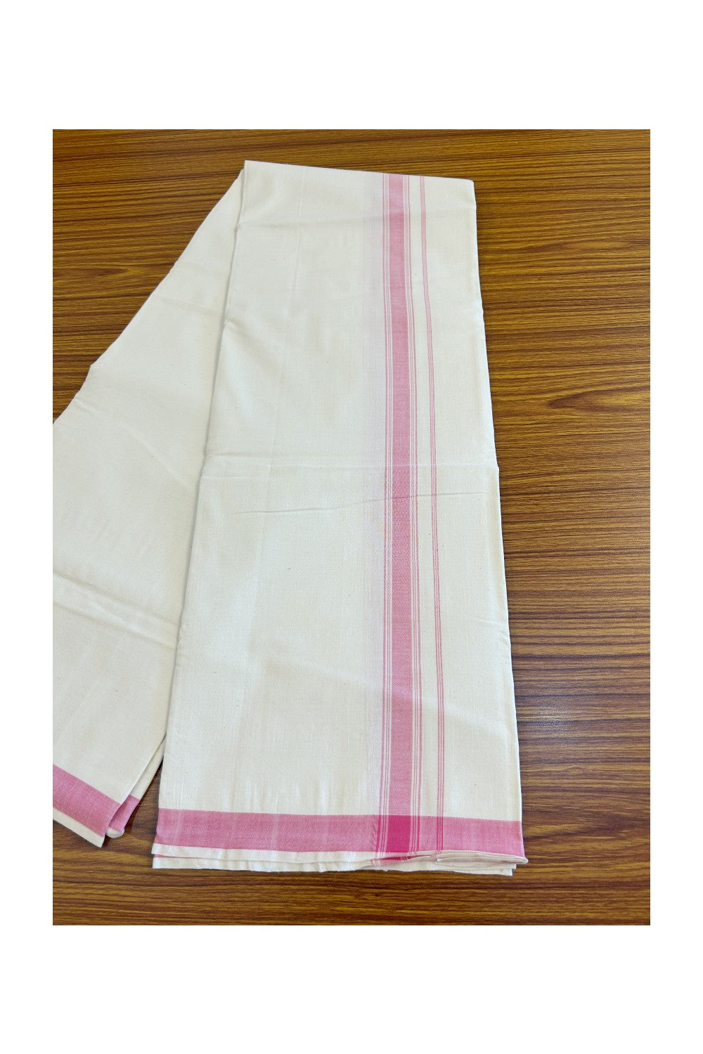 32% Discount KaithariKada 100% Cotton Balaramapuram HANDLOOM Single Mundu/Dhoti - Off White - (Unbleached) 1.75 inch Pink Stripes Kara  - 7KK499KK