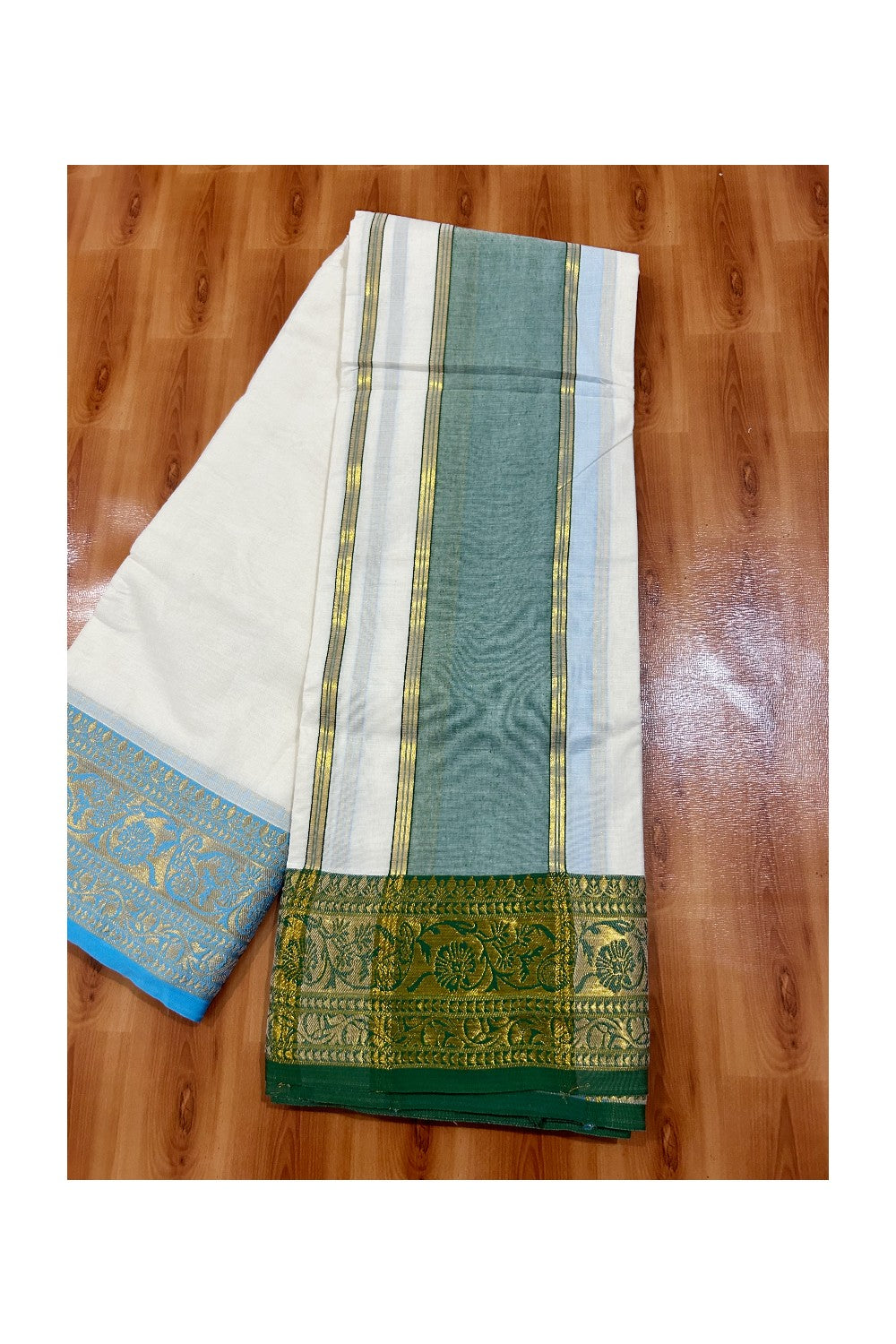 37% DISCOUNT! KaithariKada  Cotton Mix  Off White - (Unbleached) 80x80 thread - 80% Cotton & 20% Polyester -  NORTH INDIAN - ATTACHED GAMCHA 9X5 Dhoti 6.5 inch Green kara with Blue Green Design border  - 7KK5005PMC