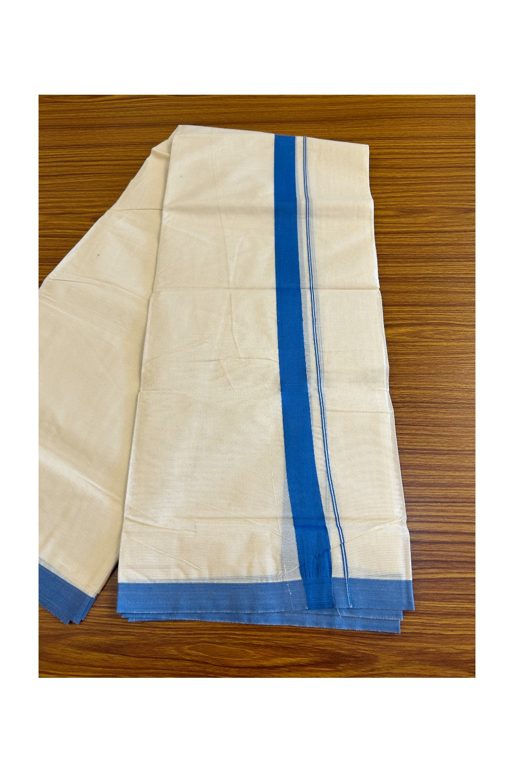 15% Discount KaithariKada Balaramapuram 100% Cotton Double Off white Mundu/Dhoti-100x100 1.75  inch Blue Kara - 7KK500KK