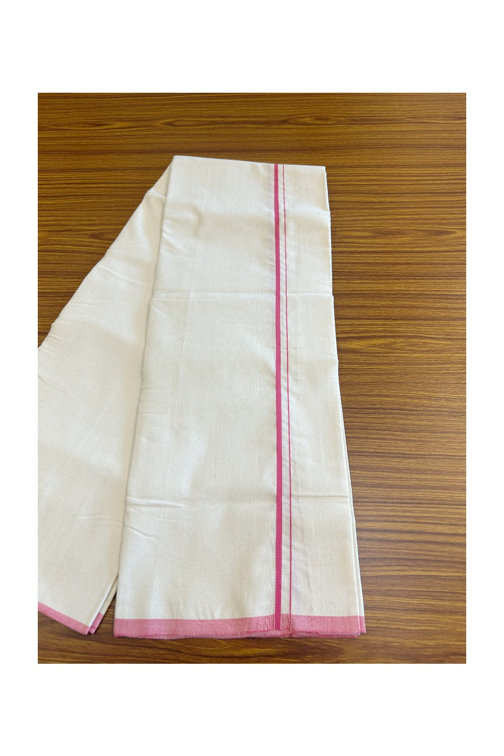 SIGNATURE KAITHARIKADA EXCLUSIVE SINGLE DHOTI - 100% Cotton Balaramapuram HANDLOOM Single Mundu/Dhoti - Off White - (Unbleached) 0.5inch Pink Kara- 7KK5010KAI