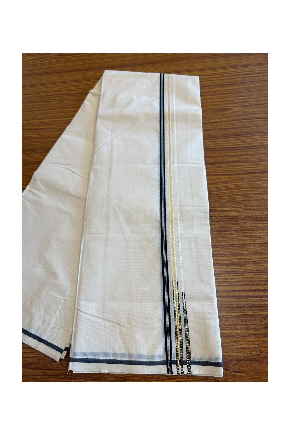 21% Discount!!! KaithariKada Balaramapuram 100% Cotton off white  Double - (Unbleached) Mundu/Dhoti-100x100  0.5 inch Double Puliyilakkara Chutty Black Stripes & Kasavu 3.84 mtrs - 7KK5012ASH