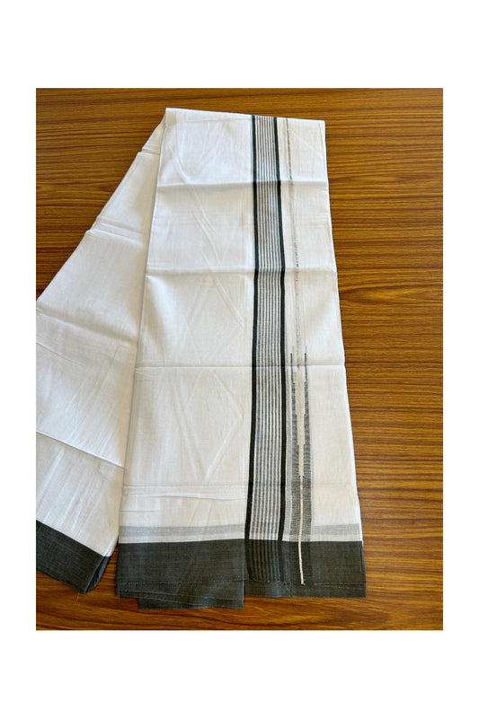 Kaitharikada  Balaramapuram 100% Pure Cotton PURE WHITE Double Mundu/Dothi - 80x92 - 1.5 Inch Dark Sage Green & Silver striped Chutty kara - 7KK5022VAN