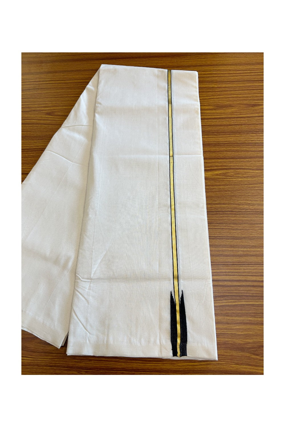 8% DISCOUNT!! KaithariKada HANDLOOM Unakkupaav Balaramapuram - 100% PURE Cotton OFF White Double - (Unbleached) Mundu/Dothi - Kasavu black puliyilakkara Chutty - 7KK5029RAM