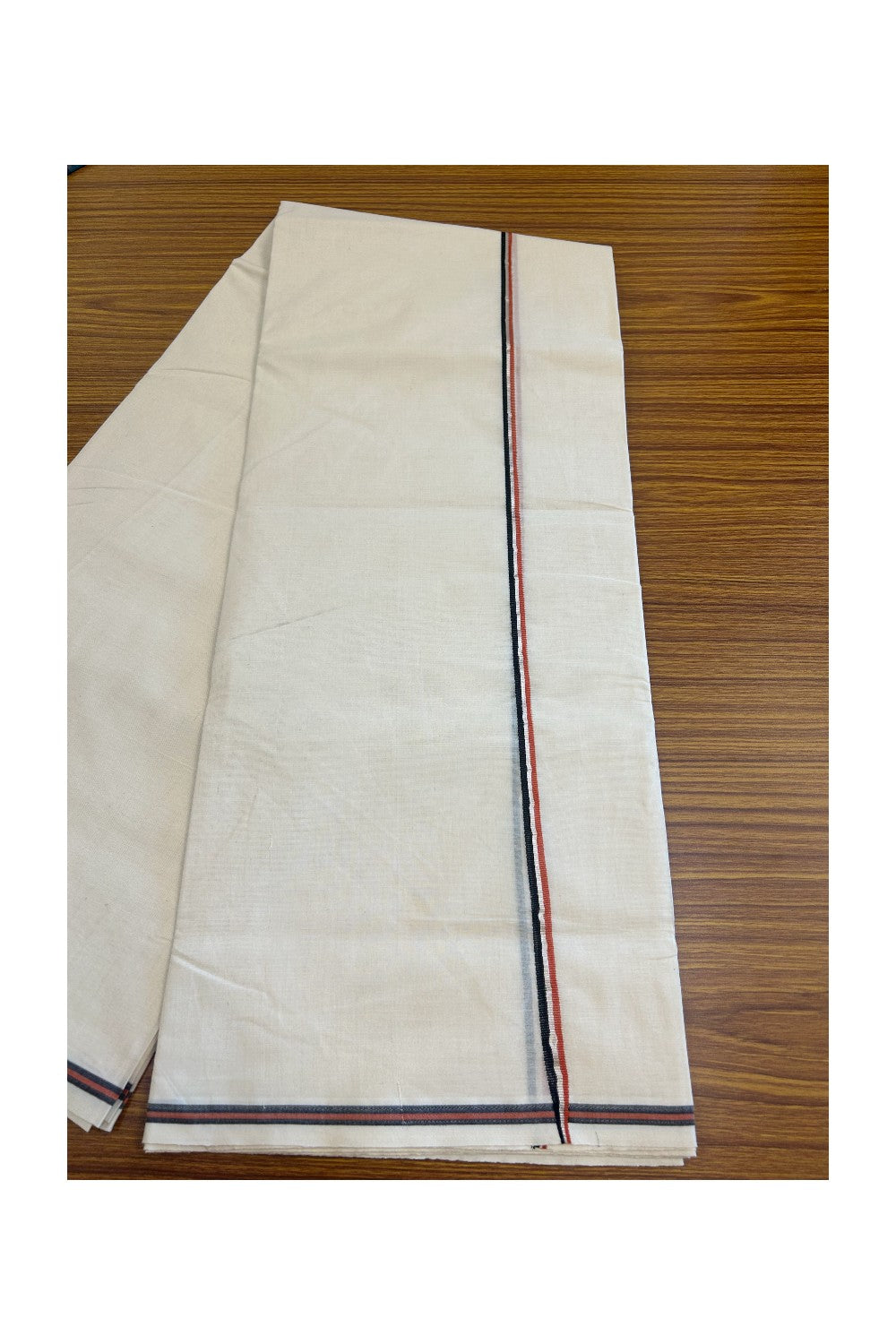 19% Discount!!  KaithariKada Balaramapuram 100% Cotton Double off white - (Unbleached) Mundu/Dhoti - 100X100 Brick Red, Black & Silver Striped kara - 7KK5035ASH