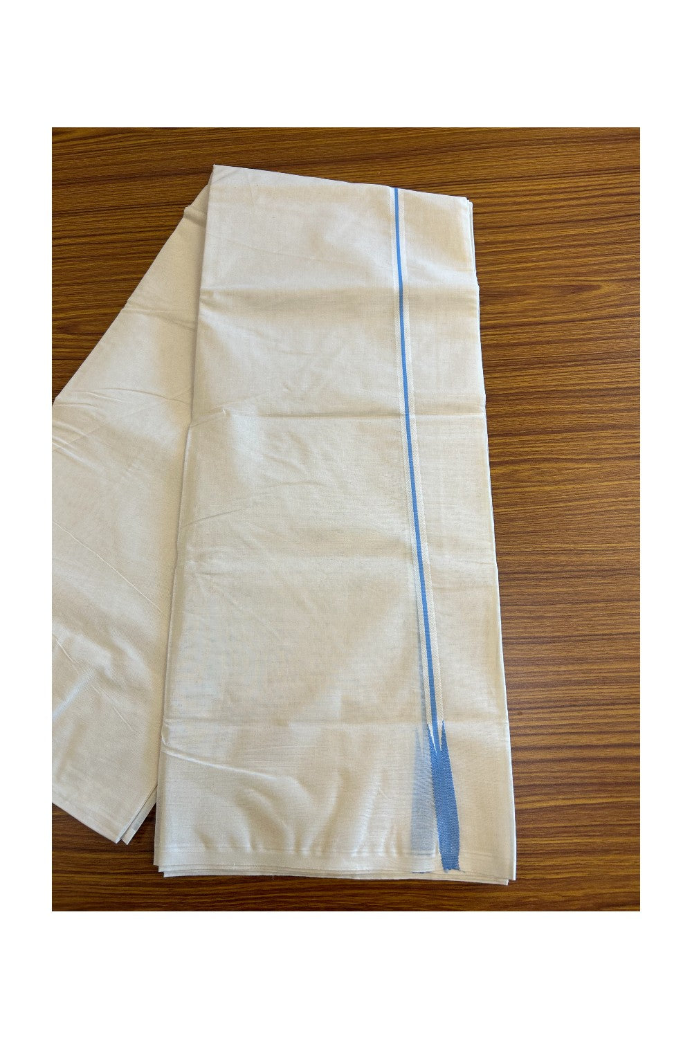 21% Discount KaithariKada Balaramapuram 100% Cotton Off White Double - (Unbleached) - Mundu/Dhoti-100x100  1.5cm Sky Blue One line Chutty Kara - 191