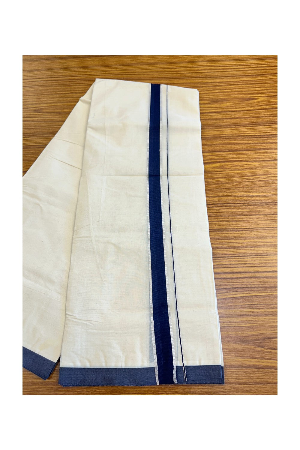 32% Discount !! KaithariKada Balaramapuram 100% Cotton Double Off white -(Unbleached) Mundu/Dhoti-100x100 - 1.75inch Silver Kasavu & Navy Blue Kara- 7KK5045ASH