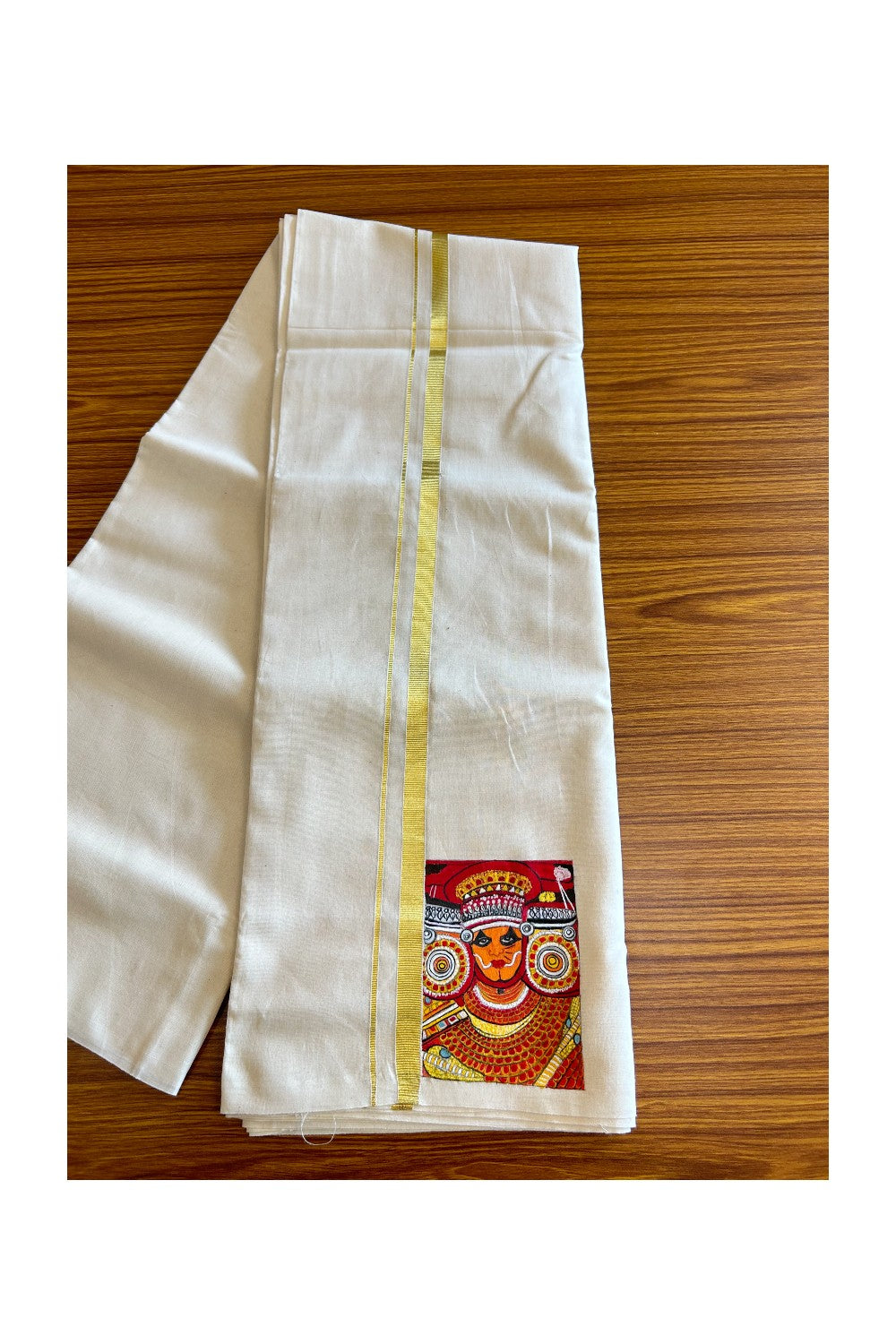 KaithariKada Balaramapuram 100% Cotton Double Off white - (Unbleached) Mundu/Dhoti-100x80 1 inch Kasavu & Hand Painted Theyyam Design Kara 3.70 meter- 7KK5046KK