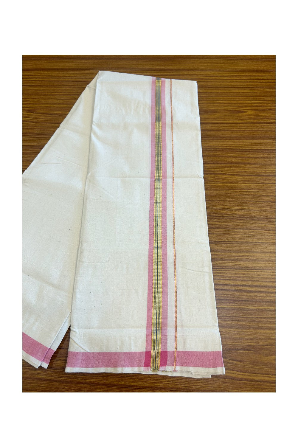 32% Discount KaithariKada 100% Cotton Balaramapuram HANDLOOM Single Mundu/Dhoti - Off White (Unbleached)  2inch Pink + Blue & Kasavu Kara Stripes-310