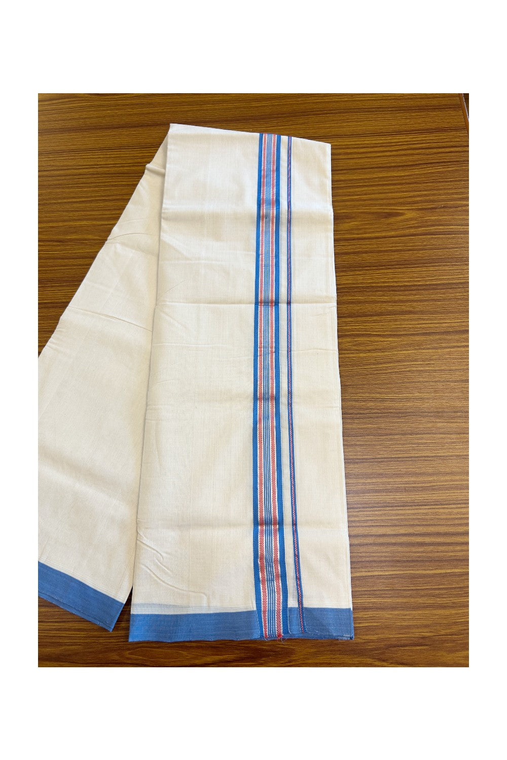 15% DISCOUNT! KaithariKada BALARAMAPURAM HANDLOOM UNAKKUPAAV - 100% PURE Cotton off white (Unbleached) Double Mundu/Dhoti -  1.75  inch Blue Red & Silver Kasavu Designer Kara- 3.60 mtr-51