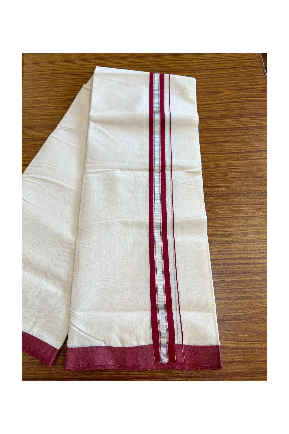 19% DISCOUNT!! KaithariKada HANDLOOM Millpaav Balaramapuram -  100% PURE Cotton OFF White - (Unbleached) Double Mundu/Dothi - Silver kasav Maroon kara - 7KK5065KK