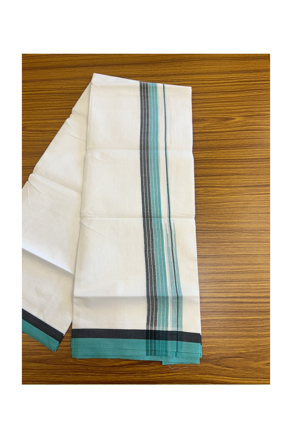 19% Discount!!! KaithariKada Balaramapuram  PURE WHITE Double Mundu/Dhoti - 80X90 - 2.25 inch Silver stripes Black & Turquoise green  puliyilakkara striped chutty kara 3.85 meters - 7KK5058GUN