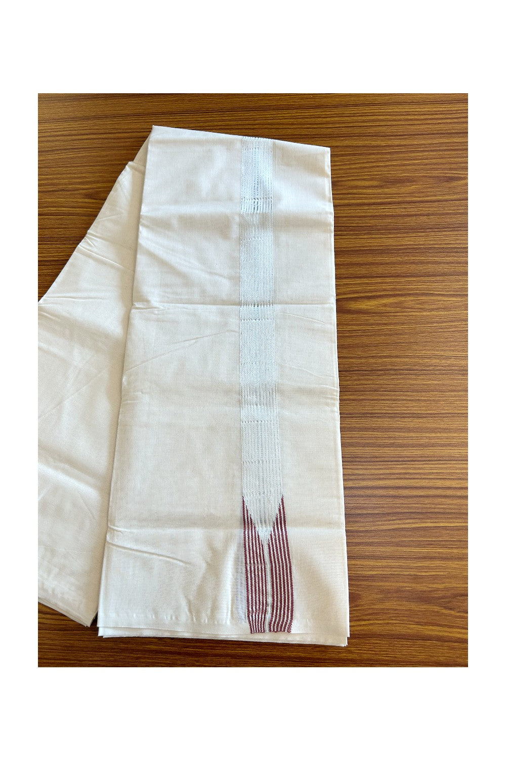 23% DISCOUNT ! KaithariKada 100% Cotton OFF WHITE - (Unbleached) - Double Dhoti/Mundu - 12 Line Royal Maroon Puliyilakkara Chutty & Silver Kasavu Stripes - 7KK5063KK