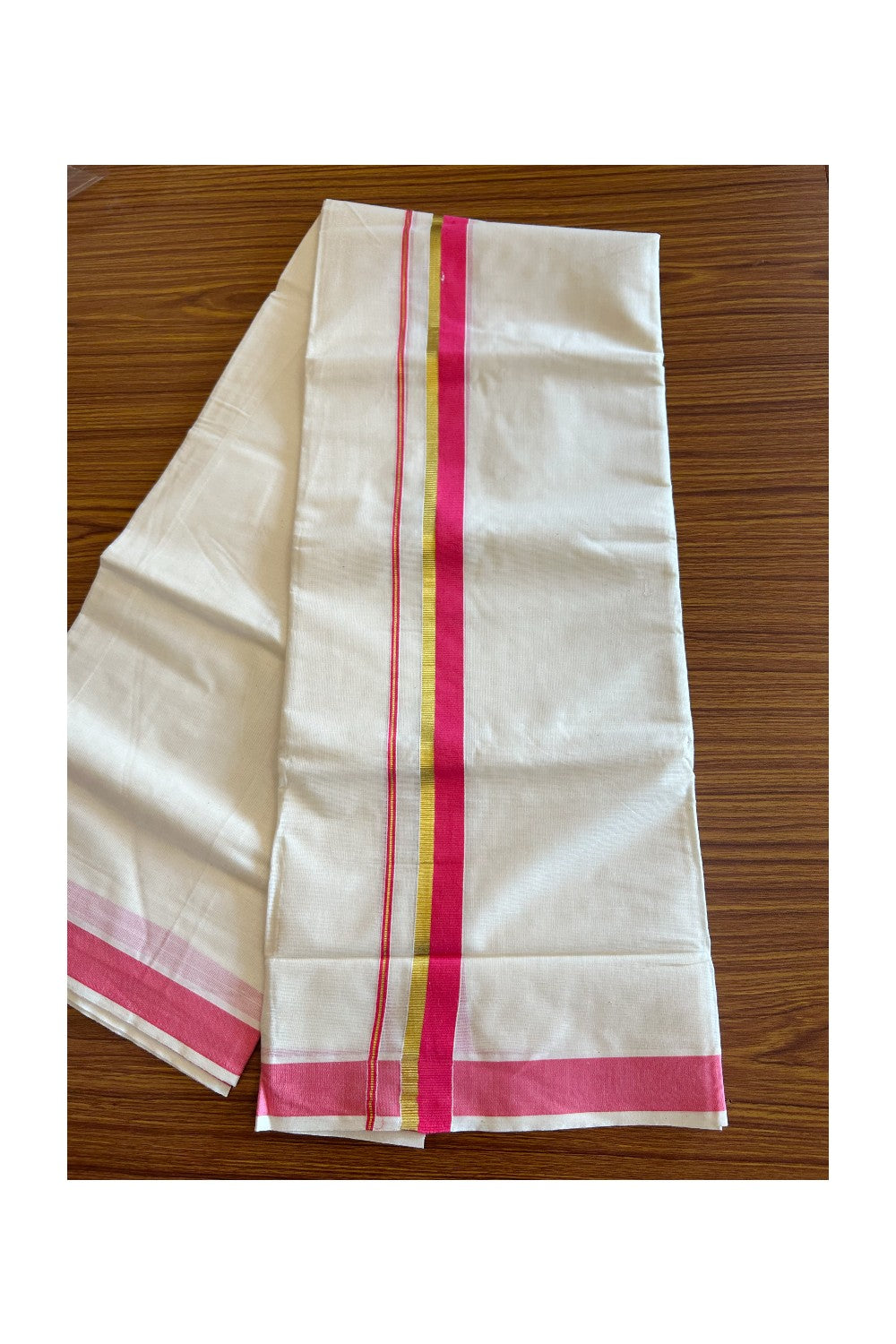 10% Discount! KaithariKada Balaramapuram 100% Cotton Off White - (Unbleached) Double Mundu/Dhoti-80x72 PINK & KASAVU - 9KK57VIN