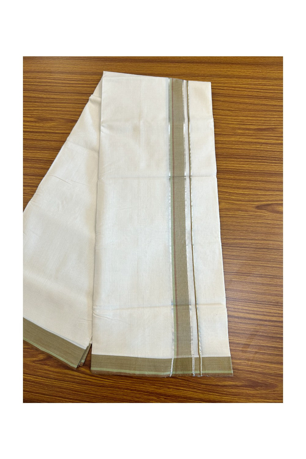 21% DISCOUNT!! KaithariKada HANDLOOM Unakkupaav Balaramapuram - 100% PURE Cotton OFF White - (Unbleached) Double Mundu/Dothi - 1.75 inch Green Brown & Silver striped pattern kara - 47KK403RAM