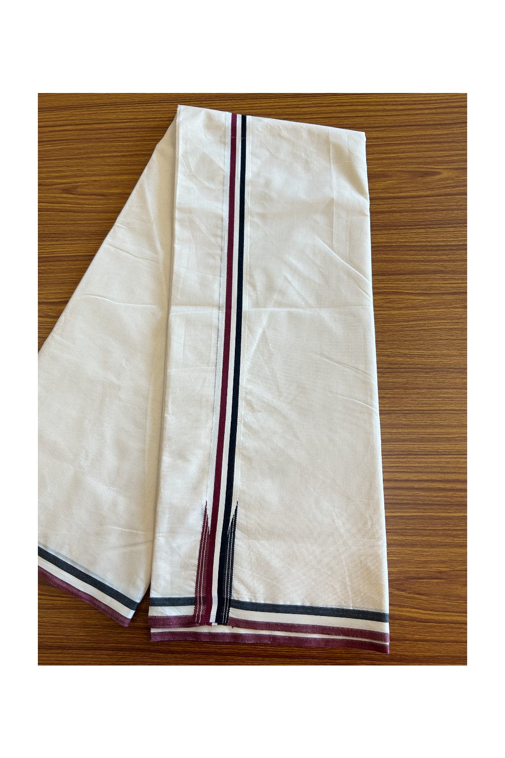 ADMK VESHTI - 22% DISCOUNT! KaithariKada 100% Cotton off white Double - (Unbleached) Mundu/Dhoti - 100X100 - 1.5 inch Black White & Maroon Striped Wings Chutty kara - 7KK5079ASH