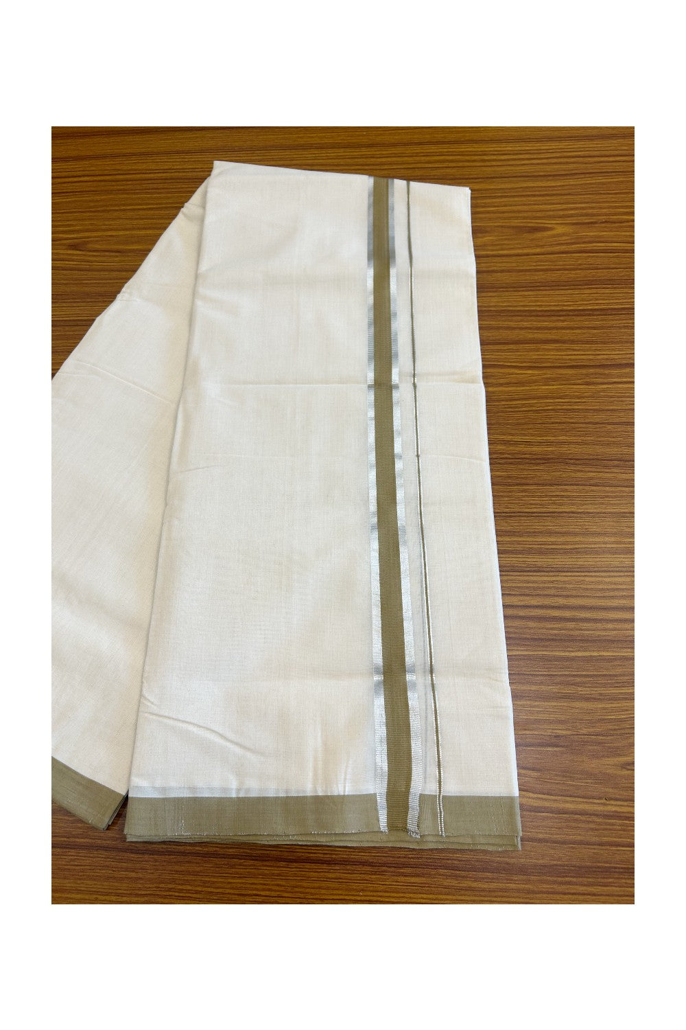 19% Discount !! KaithariKada HANDLOOM millpaav Balaramapuram - 100% PURE Cotton OFF White Double - (Unbleached)  Mundu/Dothi - 1.75  inch Silver kasavu & Brownish green kara 4.5 Meters (10 Muzham) - 7KK5081RAM