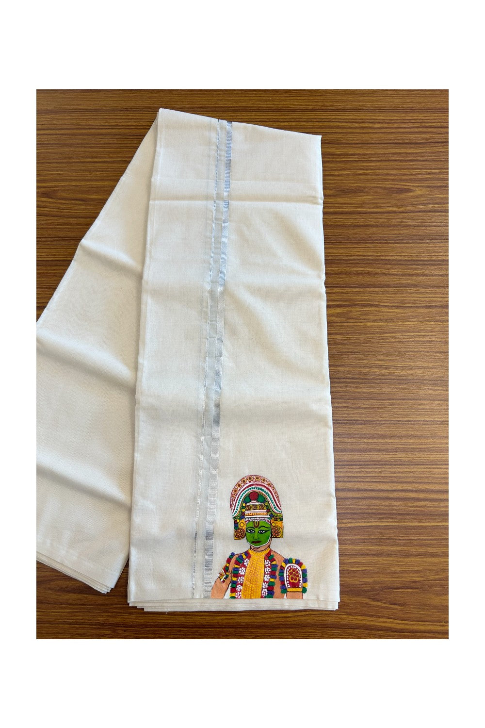 KaithariKada Balaramapuram 100% Cotton Double Off white - (Unbleached) Mundu/Dhoti-100x80 0.75 inch SILVER Kasavu & Hand Painted Ottam Thullal Design Kara 3.70 meter- 7KK5083ASH