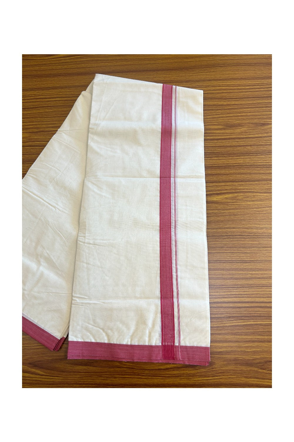 19% DISCOUNT ! KaithariKada 100% Cotton OFF WHITE (Unbleached) Double Dhoti/Mundu- 1.5 inch Puliyilakkara Magenta Pink Striped Kara 4.5 Meters (10 Muzham) - 7KK5086ASH