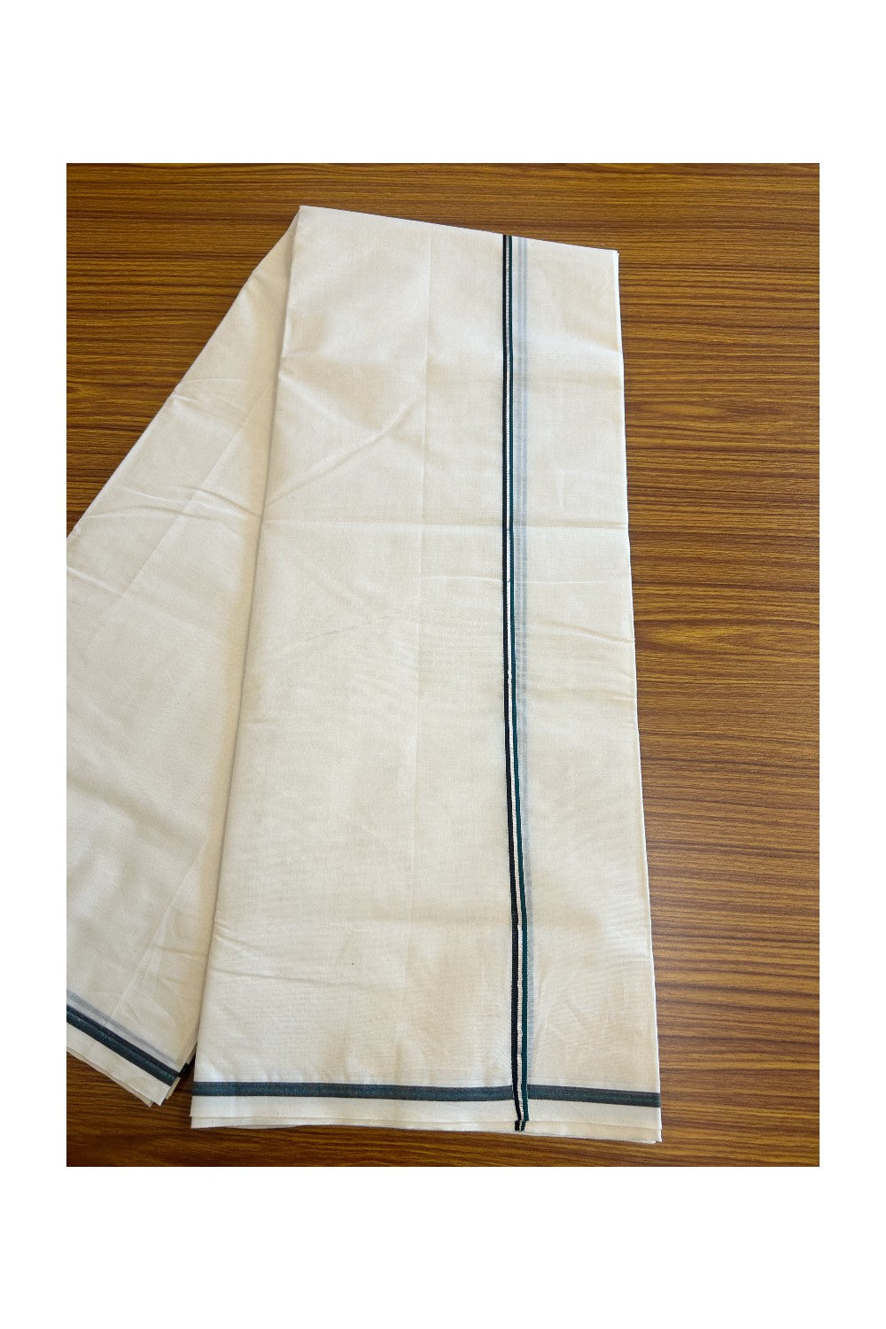 19% Discount!!  KaithariKada Balaramapuram 100% Cotton Double off white - (Unbleached) Mundu/Dhoti - 100X100 - 0.5 inch Peacock Green Black & Silver Striped kara - 7KK5087ASH