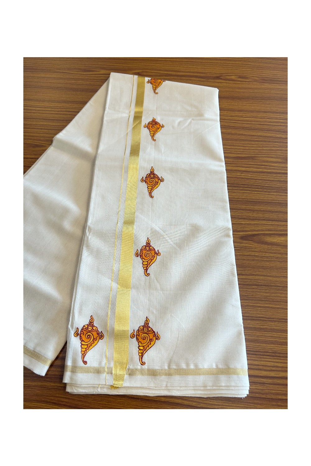 KaithariKada HANDLOOM Millpaav Balaramapuram - 100% PURE Cotton OFF White - (Unbleached) Double Mundu/Dothi - 3 cm Kasavu kara Hand Painted Shankh Design - 7KK5091RAM