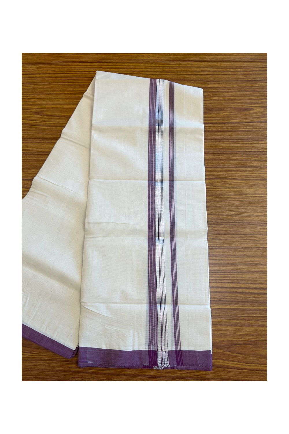 19% Discount! KaithariKada HANDLOOM UNAKKUPAAV Balaramapuram - 100% Cotton Double OFF White (Unbleached) - Mundu/Dhoti - 100x100 2.25 inch Wine Purple & Silver kasavu Stripes Kara - 7KK5096YAR