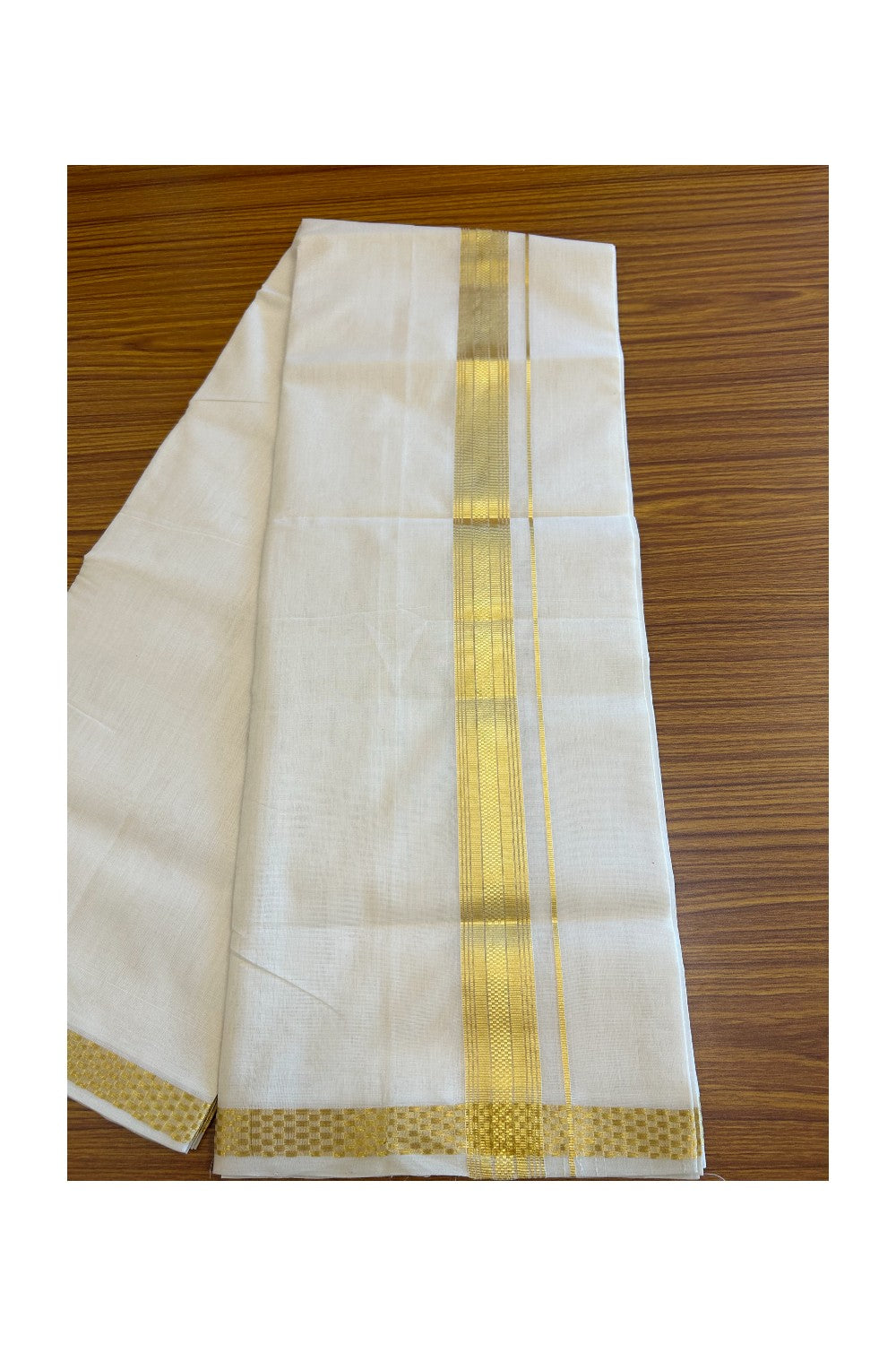 30% DISCOUNT ! KaithariKada HANDLOOM Unakkupaav Balaramapuram - 100% PURE Cotton Off White - (Unbleached) Double Mundu/Dhoti - 100x100 5.5 cm Kasavu Stripes kara - 7KK5097ABH