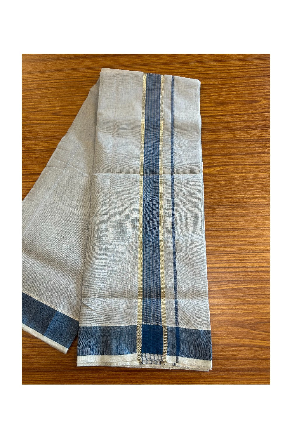 30% DISCOUNT! KaithariKada HANDLOOM Millpaav Balaramapuram - 100% PURE Cotton Off White (Unbleached) - Double Mundu/Dhoti - 3 inch Gold Kasavu Striped Kara & Blue Tissue Body- 7KK5105RAM