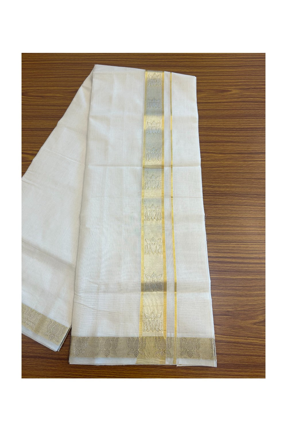 30% DISCOUNT ! KaithariKada HANDLOOM Unakkupaav Balaramapuram - 100% PURE Cotton Off White - (Unbleached) Double Mundu/Dhoti - 2.5 inch Gold Kasavu & Silver Lotus Design Kara - 7KK5107ABH