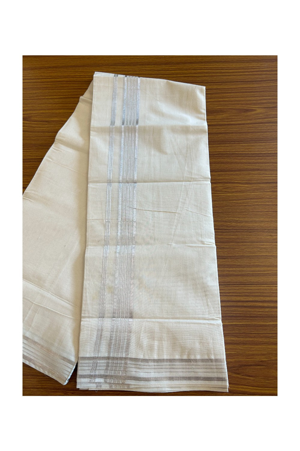 19% DISCOUNT! KaithariKada Balaramapuram 100% Cotton  Off white (Unbleached) Double Mundu/Dhoti-100x100 1.5 inch Silver Kasavu Striped kara - 7KK5110THI