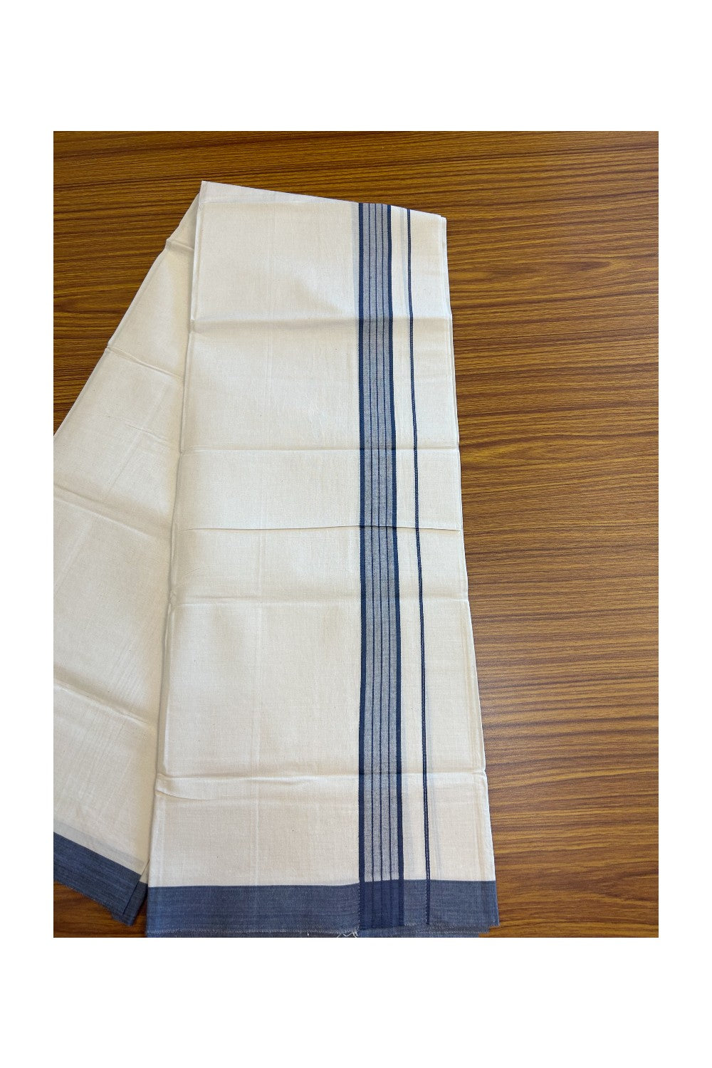 8% Discount ! Kaitharikada Balaramapuram 100% Cotton OFF WHITE SINGLE Mundu/Dothi (40s) - 1.75 inch Dark Blue & White shaded Stripes Kara (2 meter / 4 muzham) - 7KK5114THI