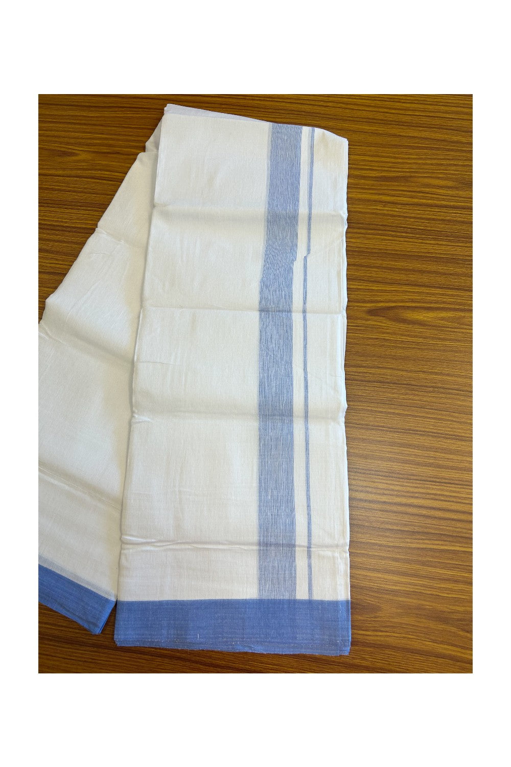 Linen Dhoti NEW! 20% Discount from Kaitharikada.com - Double Mundu/Dhoti 80x90 Thread PURE WHITE - Pure Cotton + Linen -2.25 Inch Sky Blue Shaded Kara- 25KK5115THI