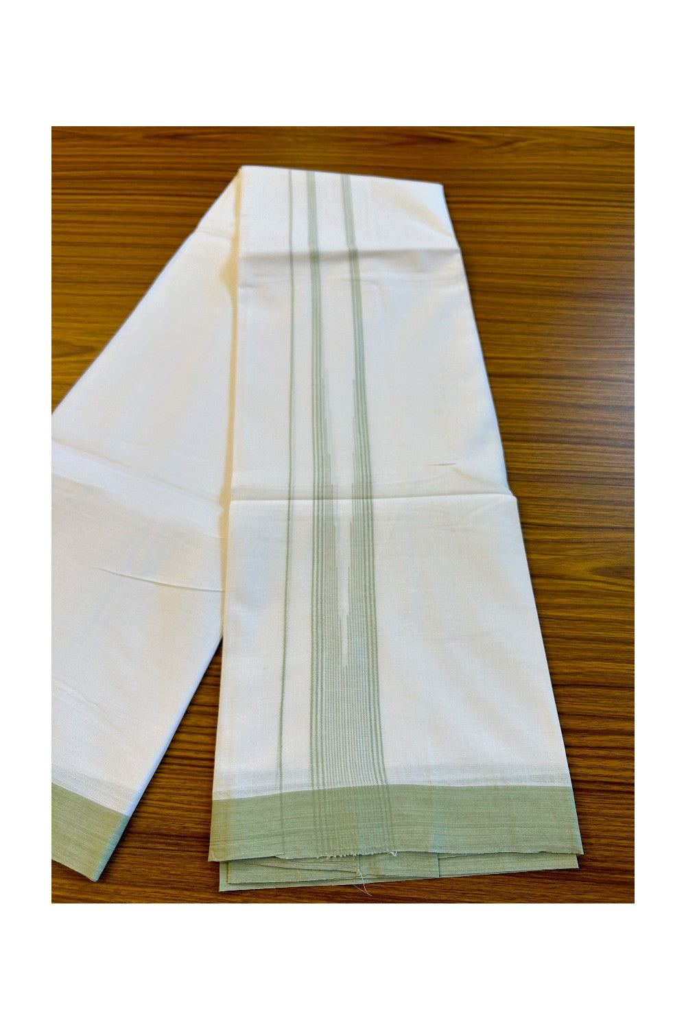 22% DISCOUNT!! Kaitharikada Balaramapuram 100% Cotton Ultra WHITE Double Mundu/Dothi-100x100  2.25 Inch LIGHT GREEN Striped Cotton Kara 3.80m- 7KK74RAM