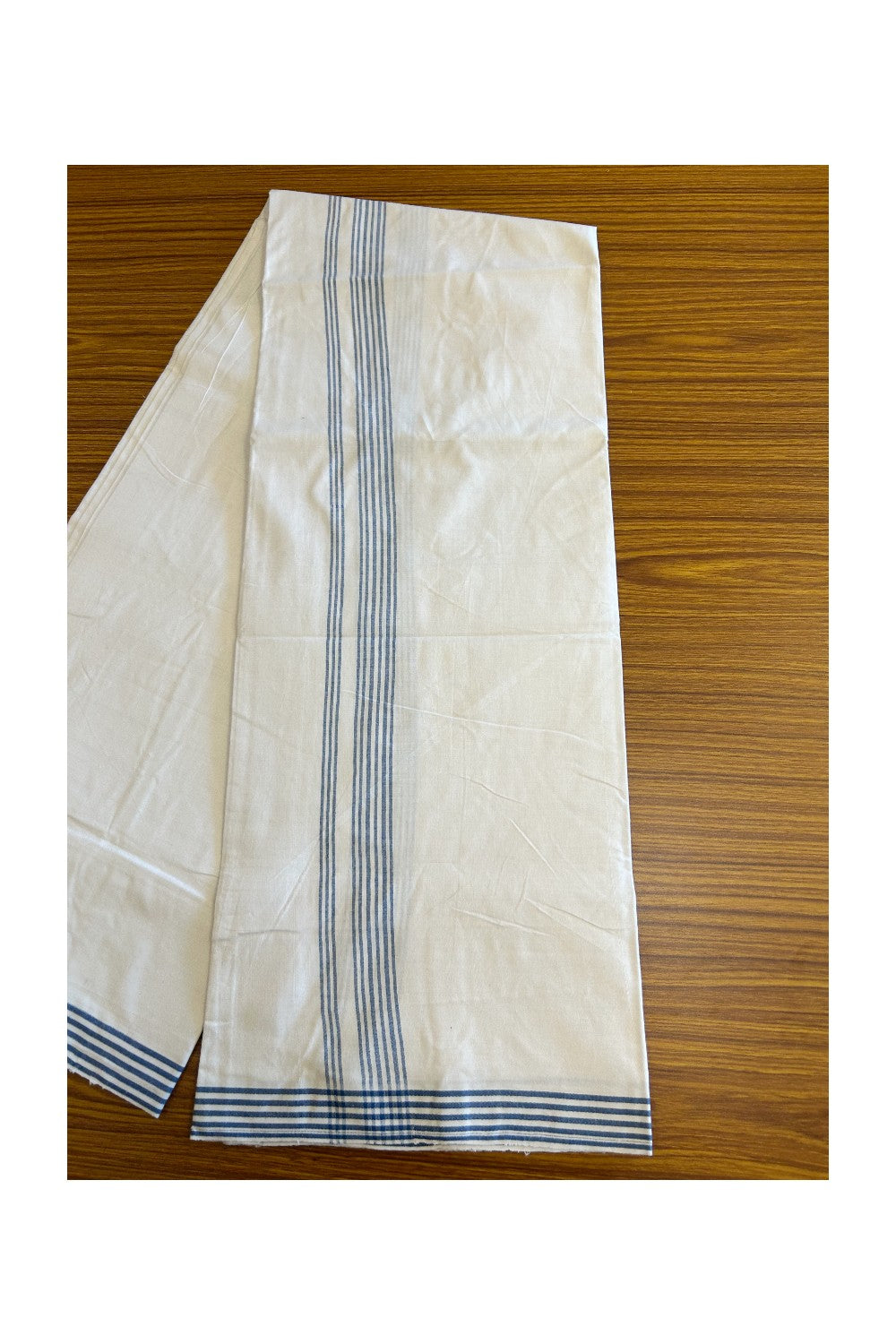 Ultimate HANDLOOM-19% Discount! - Kaitharikada Kalamachal-Government Sealed HALLMARKED-100% PURE COTTON! (80x80) Twisted Thread- Light WHITE SINGLE Mundu / Dhoti - 1.75 inch Blue Striped Kara - 7KK8004KK