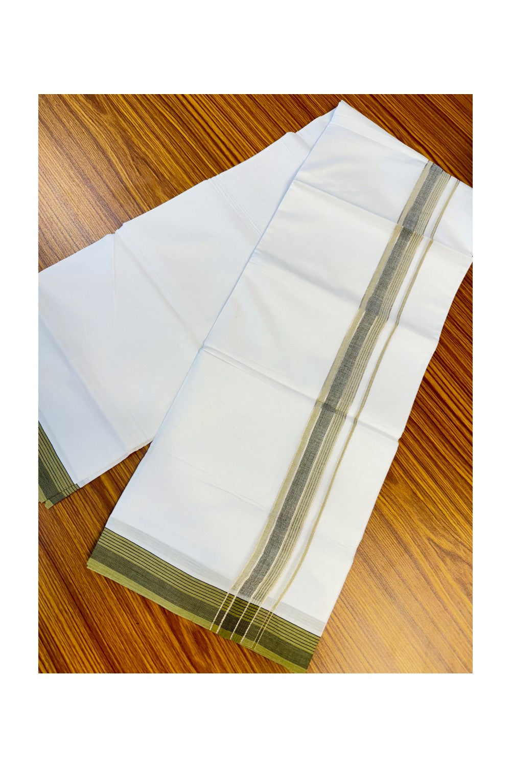 19% DISCOUNT!!! KaithariKada Balaramapuram 100% Cotton Double PURE white Mundu/Dhoti-100x100   2 Inch Silver kasavu black stripes & black+olive green shaded Kara  - 7KK83VIN