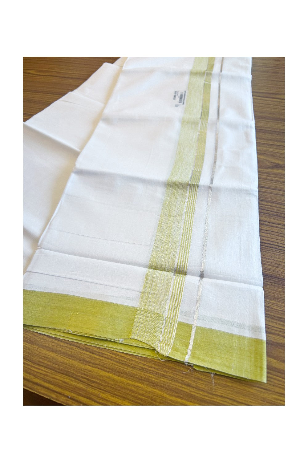 27% DISCOUNT!! Kaitharikada Balaramapuram 100% Cotton Ultra WHITE Double Mundu./Dothi-100x80  2.25 Inch GREEN YELLOW + SILVER Striped Cotton Kara KK50CHAN -7 .