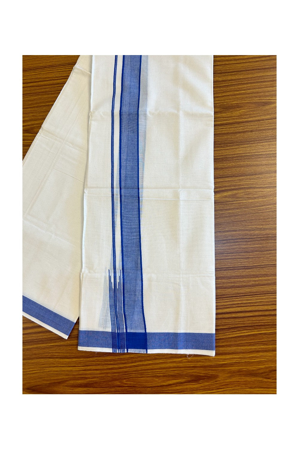 ONAM OFFER 22%! KaithariKada Exclusive 100% PREMIUM Cotton OFF WHITE (Unbleached) Double Dhoti/Mundu- Cotton Dark Blue Kara Printed Striped Chutty - 7KK426MC