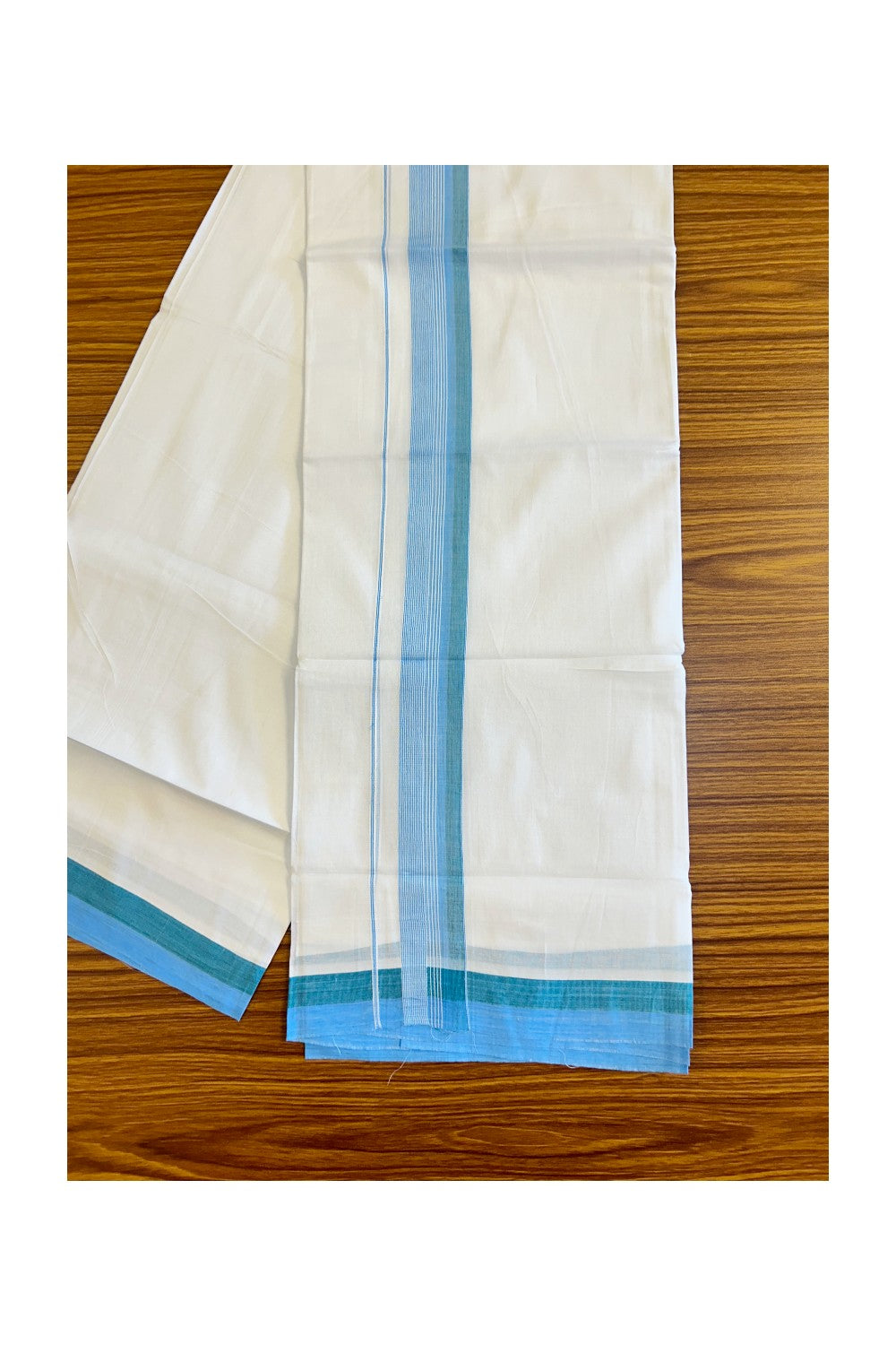 26% DISCOUNT!!! KaithariKada Balaramapuram 100% Cotton PURE white Double Mundu/Dhoti-100x90   2 Inch Sky Blue & Green shaded White stripes kara  - 7KK448VIN