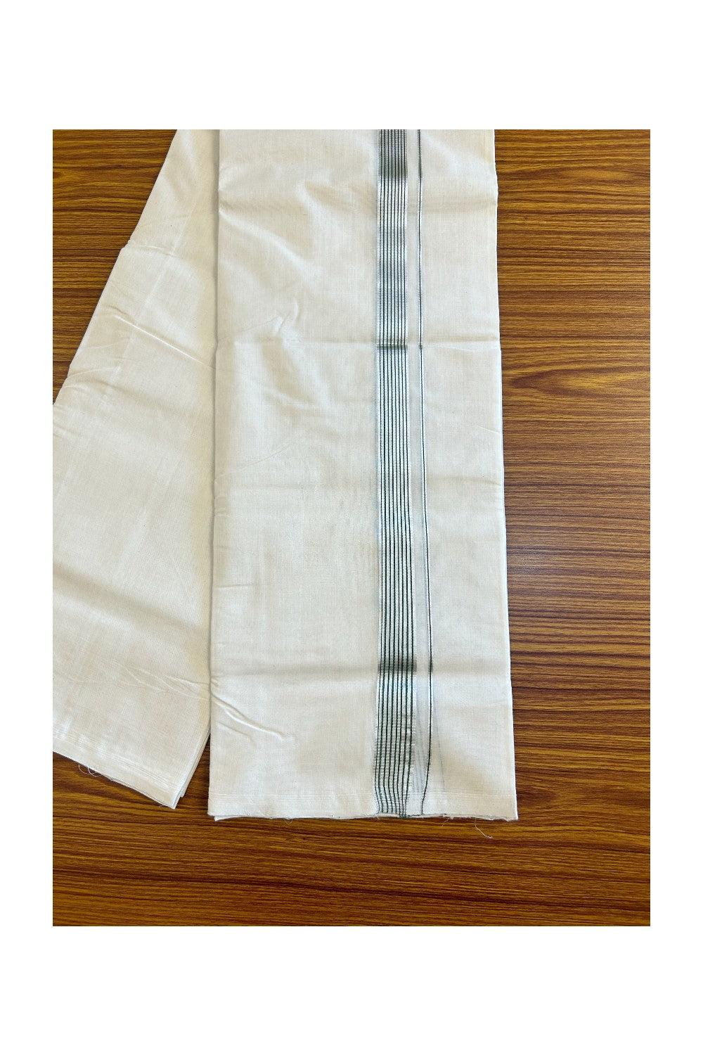 15% DISCOUNT!! KaithariKada HANDLOOM Millpaav Balaramapuram - 100% PURE Cotton OFF White (Unbleached) Double Mundu/Dothi - Light green & Silver kasavu Striped kara 3.75m (8.30 Muzham) - 7KK458SOM