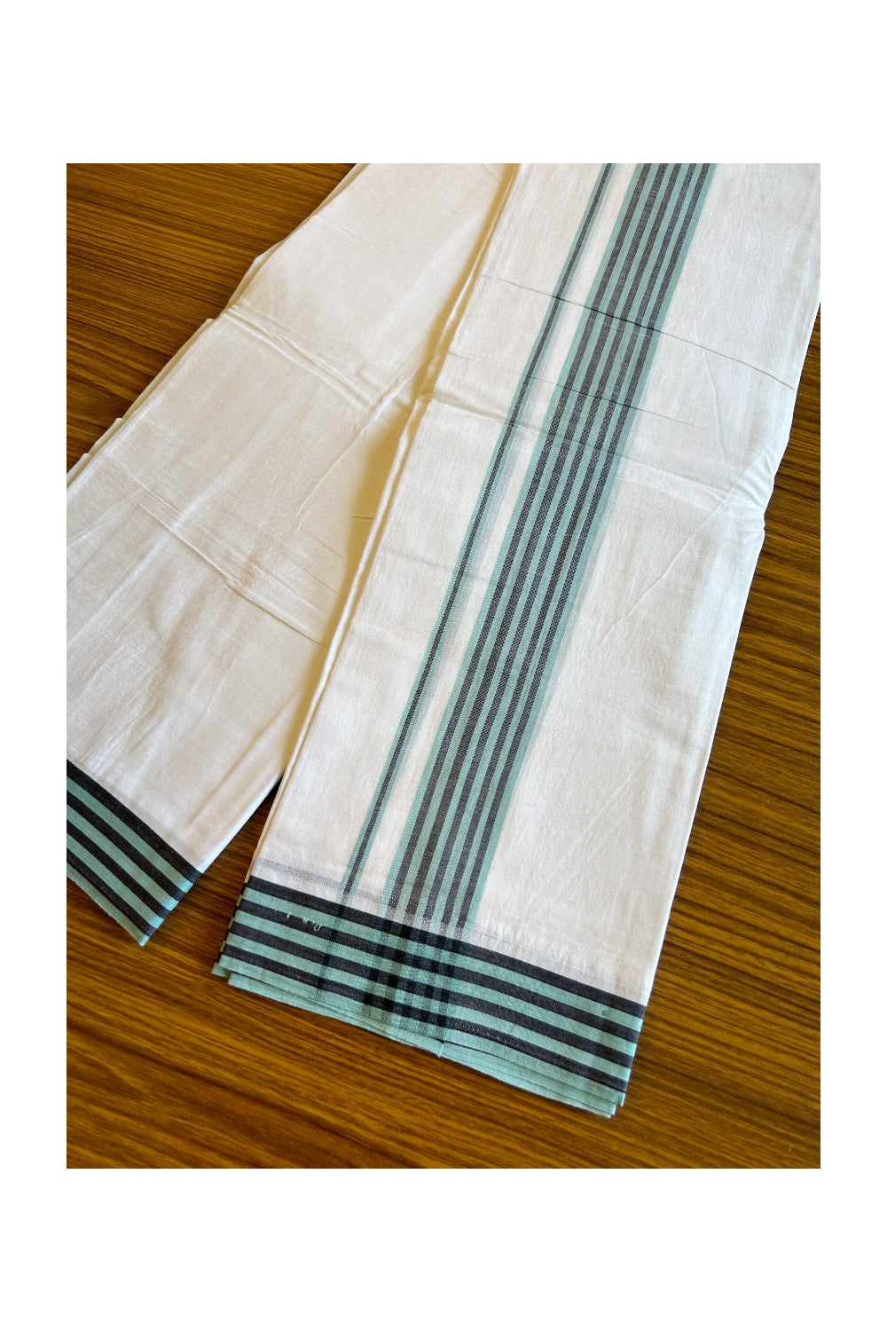 29% DISCOUNT! KaithariKada Balaramapuram 100% Cotton Ultra WHITE Double Mundu/Dhoti-100x100 2.5 inch Turqouise & Black Stripes Cotton kara 3.70m- 7KK493RAM