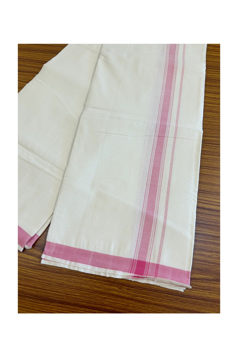 32% Discount KaithariKada 100% Cotton Balaramapuram HANDLOOM Single Mundu/Dhoti - Off White - (Unbleached) 1.75 inch Pink Stripes Kara  - 7KK499KK