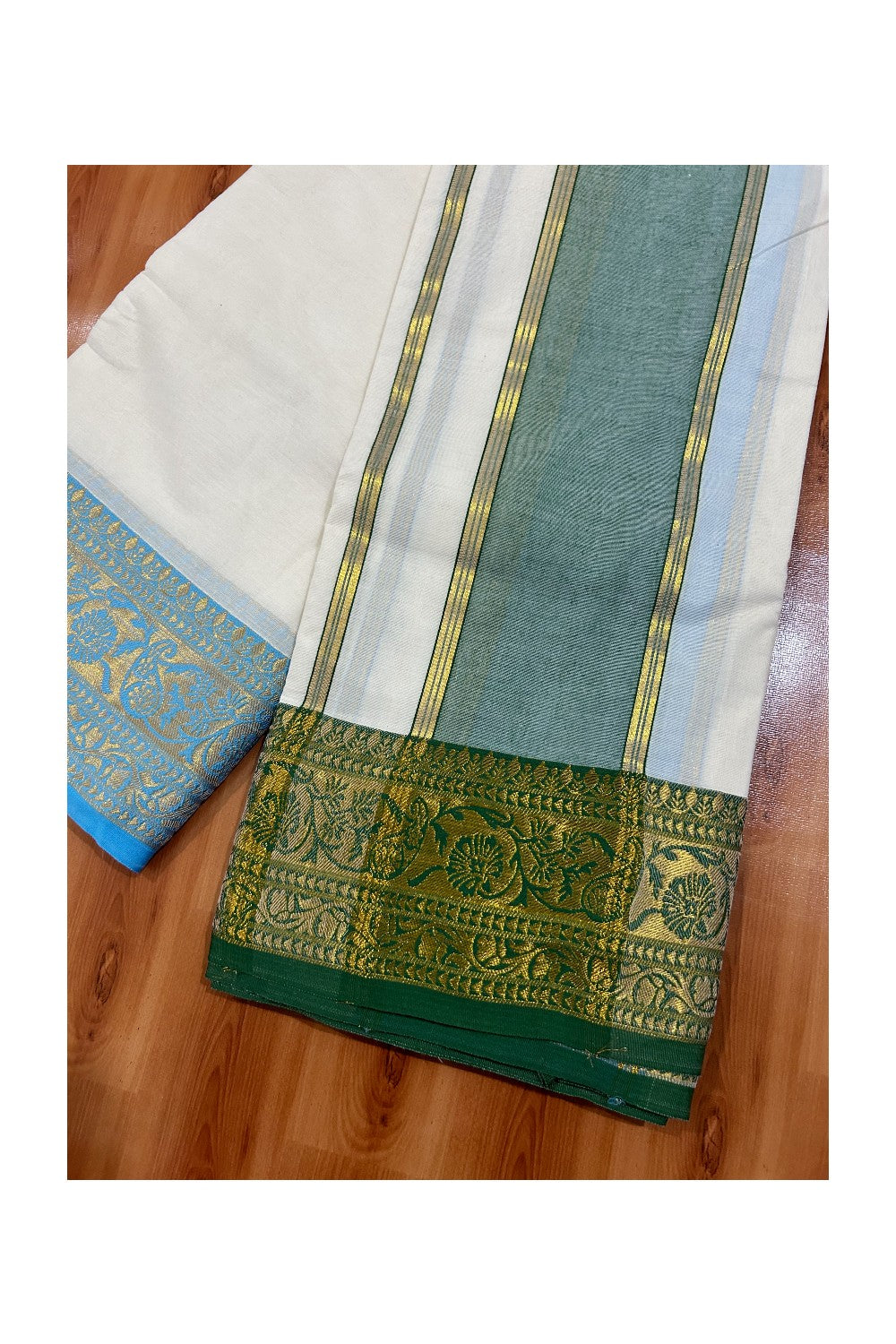 37% DISCOUNT! KaithariKada  Cotton Mix  Off White - (Unbleached) 80x80 thread - 80% Cotton & 20% Polyester -  NORTH INDIAN - ATTACHED GAMCHA 9X5 Dhoti 6.5 inch Green kara with Blue Green Design border  - 7KK5005PMC