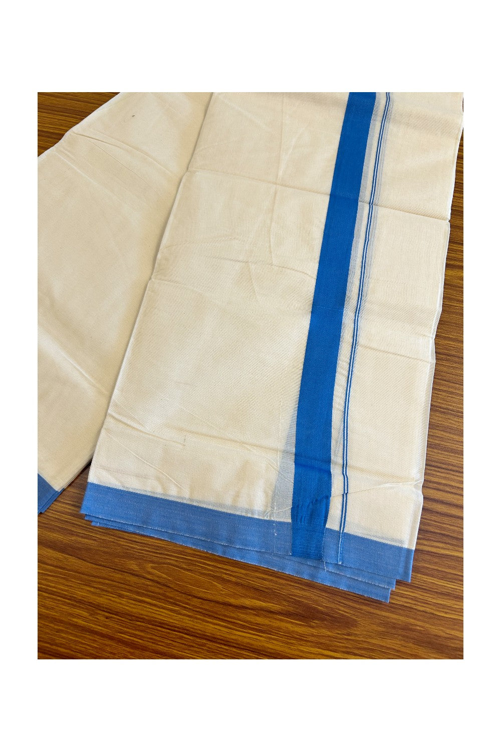 15% Discount KaithariKada Balaramapuram 100% Cotton Double Off white Mundu/Dhoti-100x100 1.75  inch Blue Kara - 7KK500KK