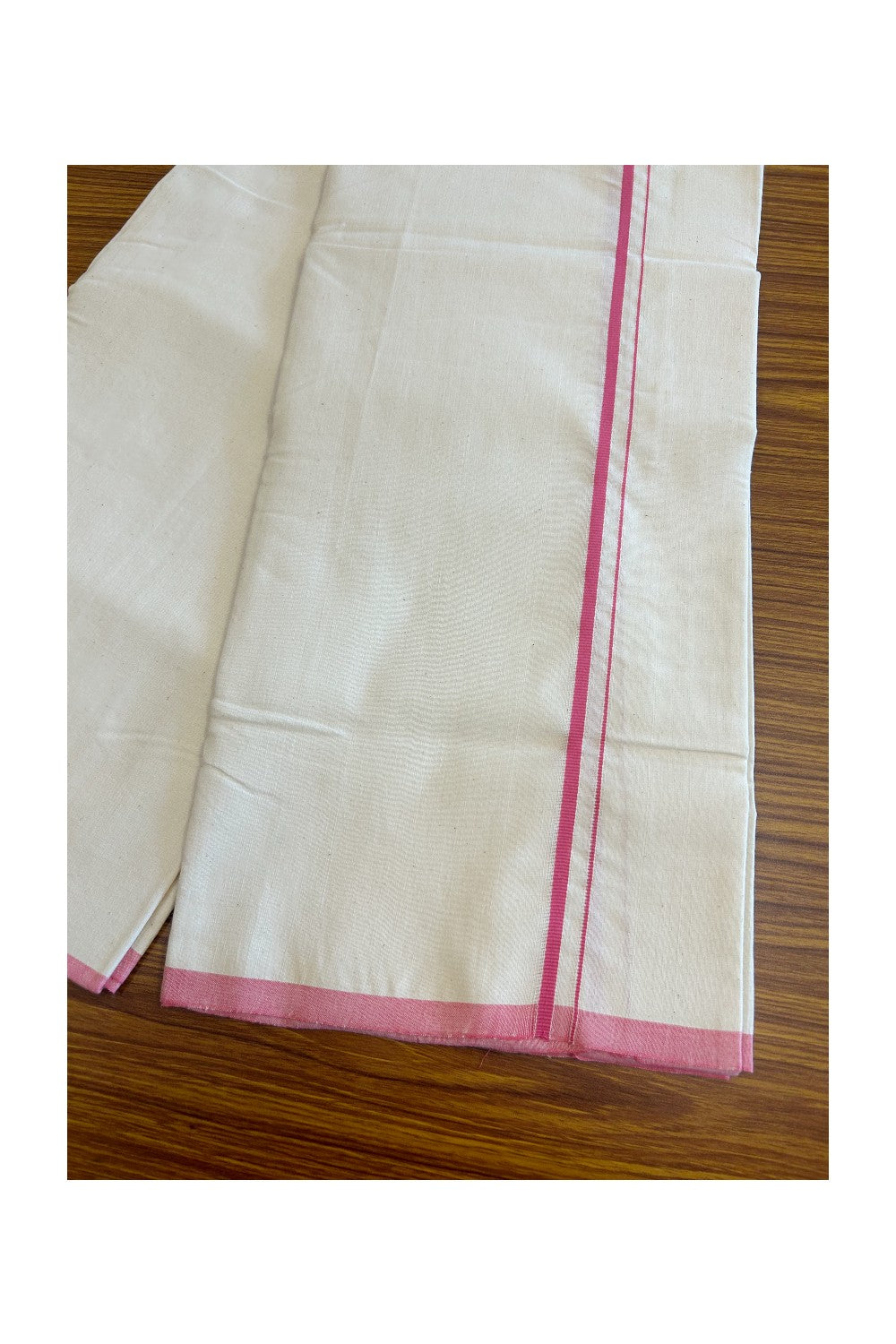 SIGNATURE KAITHARIKADA EXCLUSIVE SINGLE DHOTI - 100% Cotton Balaramapuram HANDLOOM Single Mundu/Dhoti - Off White - (Unbleached) 0.5inch Pink Kara- 7KK5010KAI