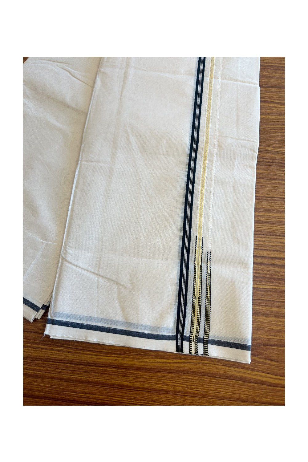 21% Discount!!! KaithariKada Balaramapuram 100% Cotton off white  Double - (Unbleached) Mundu/Dhoti-100x100  0.5 inch Double Puliyilakkara Chutty Black Stripes & Kasavu 3.84 mtrs - 7KK5012ASH