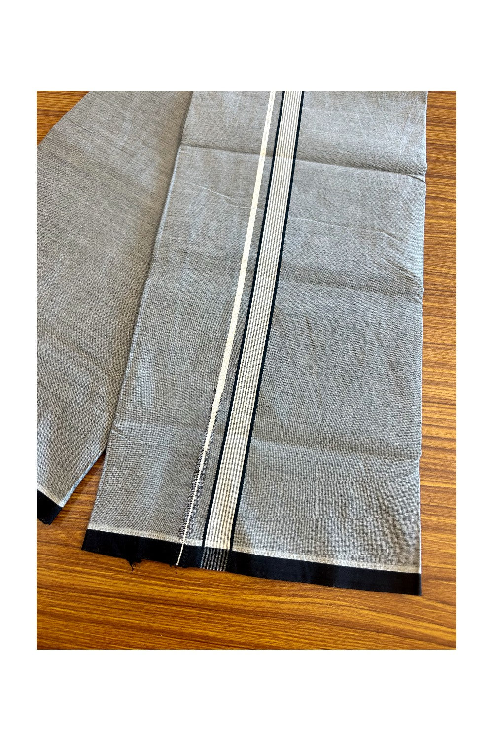 33% Discount !! KaithariKada 100% Pure Cotton - Colour Mundu Single Mundu/ Dhothi Ash Grey COLOUR BODY &  Black Striped Silver Chutty 1.25 inch Kara- 7KK5030ASH