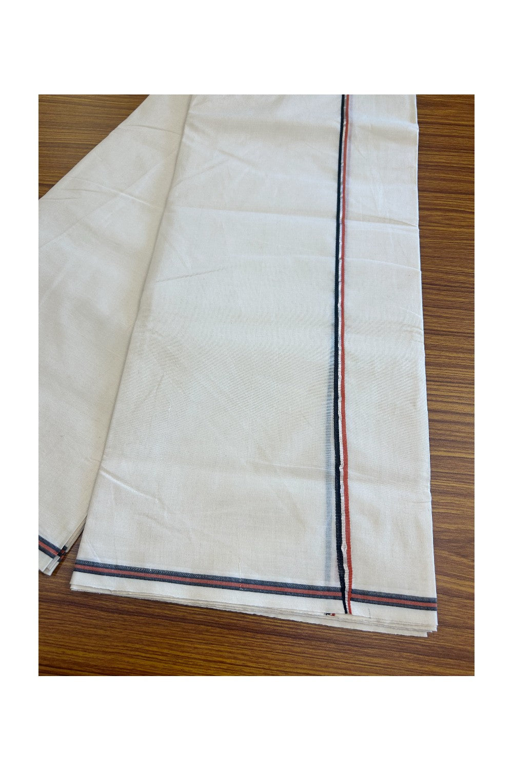 19% Discount!!  KaithariKada Balaramapuram 100% Cotton Double off white - (Unbleached) Mundu/Dhoti - 100X100 Brick Red, Black & Silver Striped kara - 7KK5035ASH