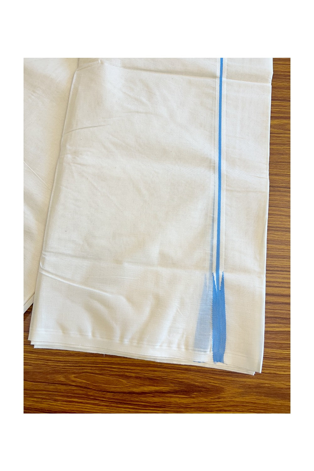 21% Discount KaithariKada Balaramapuram 100% Cotton Off White Double - (Unbleached) - Mundu/Dhoti-100x100  1.5cm Sky Blue One line Chutty Kara - 191