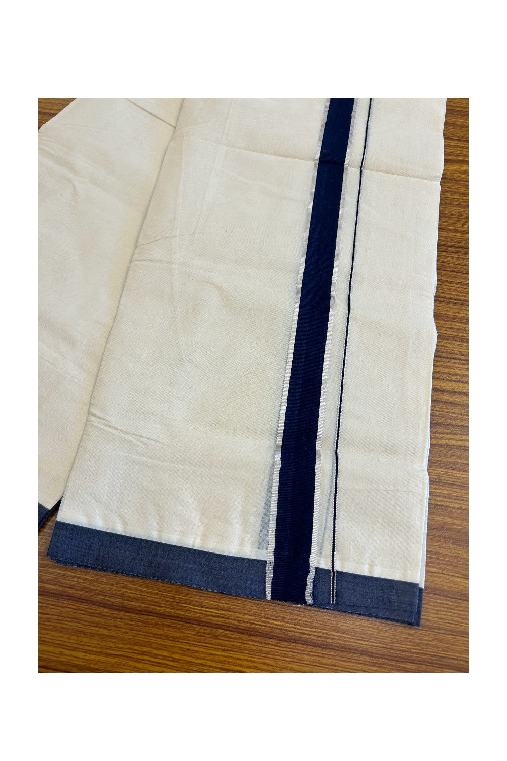 32% Discount !! KaithariKada Balaramapuram 100% Cotton Double Off white -(Unbleached) Mundu/Dhoti-100x100 - 1.75inch Silver Kasavu & Navy Blue Kara- 7KK5045ASH