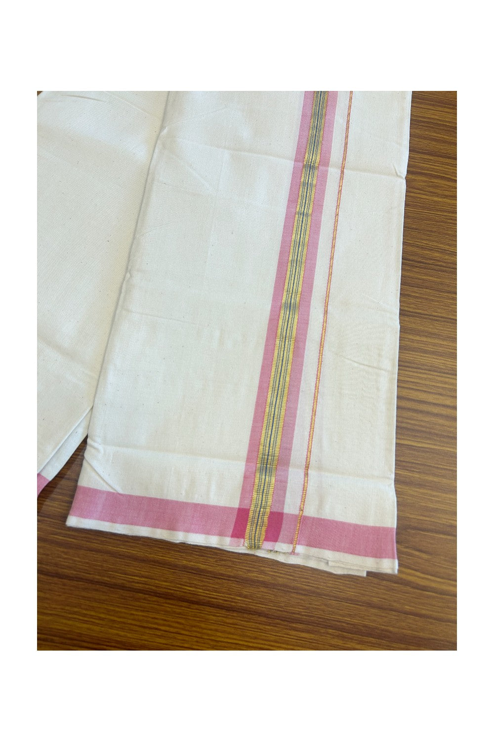 32% Discount KaithariKada 100% Cotton Balaramapuram HANDLOOM Single Mundu/Dhoti - Off White (Unbleached)  2inch Pink + Blue & Kasavu Kara Stripes-310