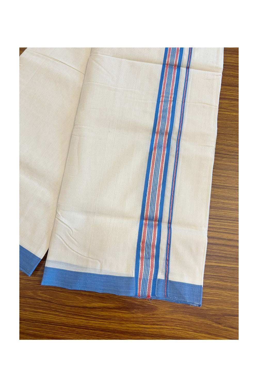 15% DISCOUNT! KaithariKada BALARAMAPURAM HANDLOOM UNAKKUPAAV - 100% PURE Cotton off white (Unbleached) Double Mundu/Dhoti -  1.75  inch Blue Red & Silver Kasavu Designer Kara- 3.60 mtr-51